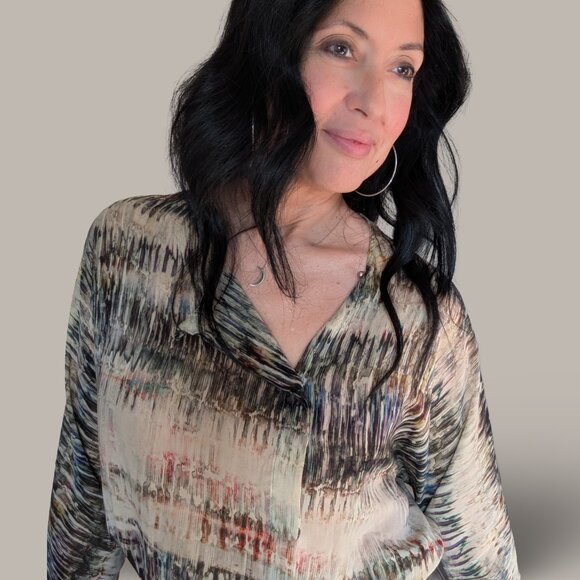 Zara Semi-Sheer Long Sleeve Blouse - Neutral Watercolor Print - Size Small - Picture 1 of 9